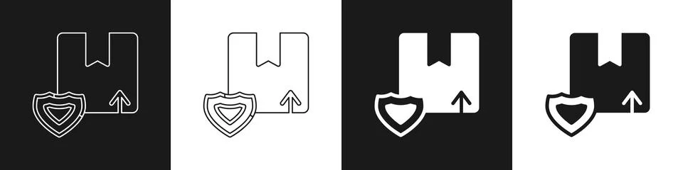 Set Delivery security with shield icon isolated on black and white background Stock Illustration