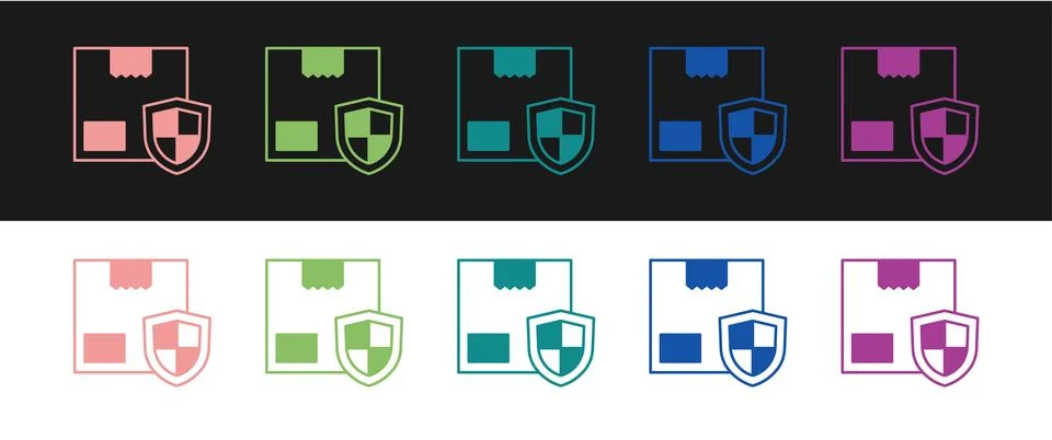 Set Delivery security with shield icon isolated on black and white background Stock Illustration