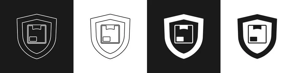 Set Delivery security with shield icon isolated on black and white background Stock Illustration