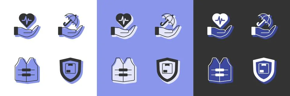 Set Delivery security with shield, Life insurance in hand, jacket and Umbrella Stock Illustration