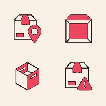 Set Delivery security with shield, Location cardboard box, Carton and icon Stock Illustration