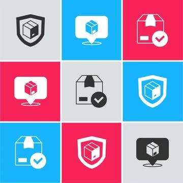 Set Delivery security with shield, Location cardboard box and ackage check .. Illustrazione stock