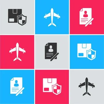 Set Delivery security with shield, Plane and Document icon. Vector Stock Illustration