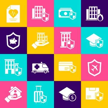 Set Delivery security with shield, Plane, Graduation cap, Money, House insurance Stock Illustration
