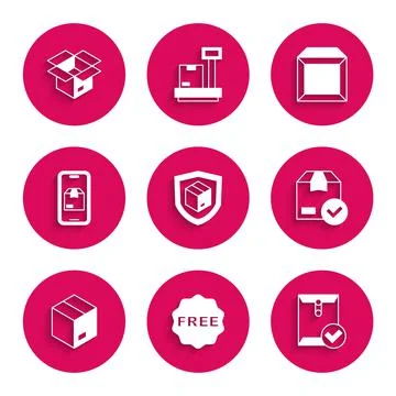 Set Delivery security with shield, rice tag Free, Envelope and check mark Stock Illustration