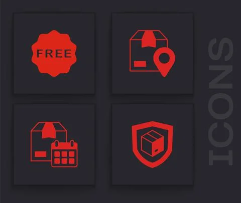 Set Delivery security with shield, rice tag Free, Location cardboard box and Illustrazione stock