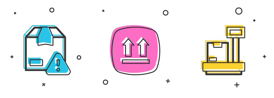 Set Delivery security with shield, This side up and Scale cardboard box icon Illustrazione stock