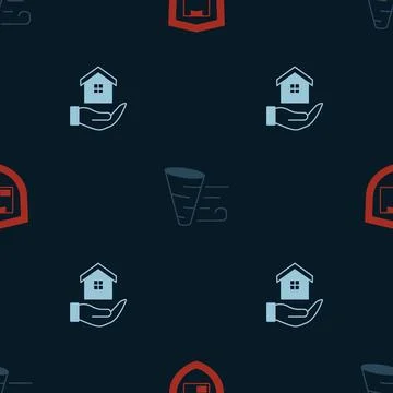 Set Delivery security with shield, Tornado and House in hand on seamless pattern Illustrazione stock