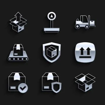 Set Delivery security with shield, Unboxing, This side up, ackage check mark Stock Illustration