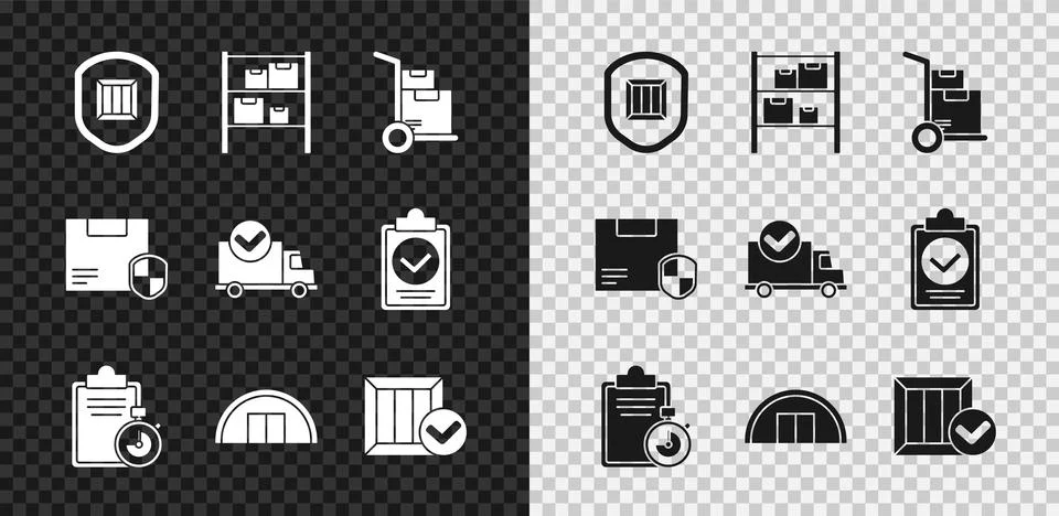 Set Delivery security with shield, Warehouse, Hand truck and boxes, Verification Illustrazione stock