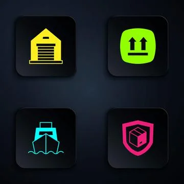 Set Delivery security with shield, Warehouse, Cargo ship boxes delivery and This Stock Illustration