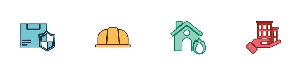 Set Delivery security with shield, Worker safety helmet, Fire in burning house Illustrazione stock