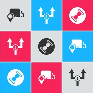 Set Delivery tracking, Arrow and Old hourglass with sand icon. Vector Stock Illustration