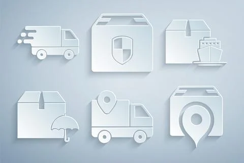 Set Delivery tracking, Cargo ship with boxes, package umbrella, Location Stock Illustration