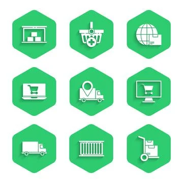 Set Delivery tracking, Container, Hand truck and boxes, Shopping cart computer Stock Illustration