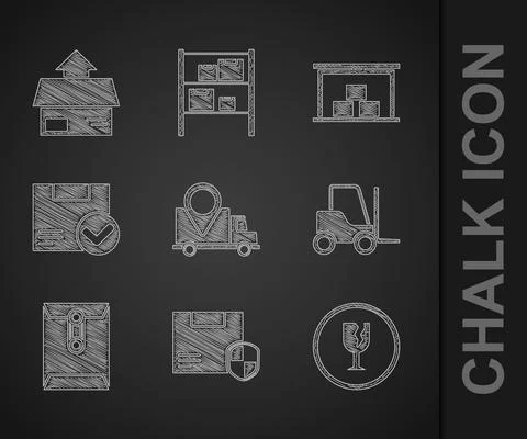 Set Delivery tracking, security with shield, Fragile broken glass, Forklift t Illustrazione stock