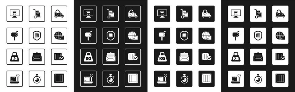 Set Delivery tracking, security with shield, Mail box, Shopping cart on com.. Illustration