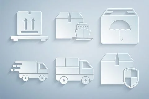Set Delivery truck with boxes, package umbrella, in movement, security shield Illustrazione stock