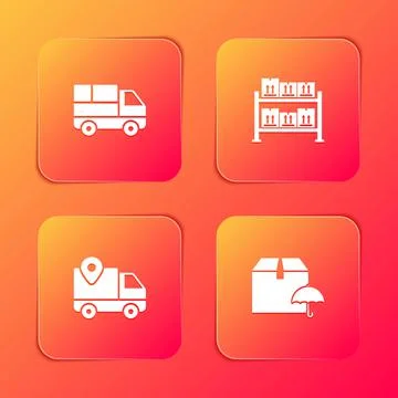 Set Delivery truck with boxes, Warehouse, tracking and package umbrella icon Stock Illustration