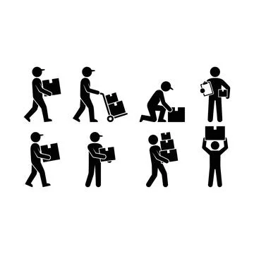 Set of Delivery Worker Icons Showing Various Package Handling and Transport.. Stock Illustration