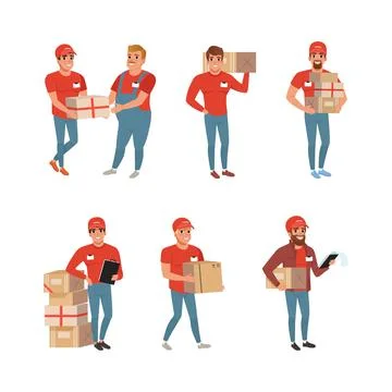 Set of deliverymen with cardboard boxes in hands. Couriers delivery parcels to Stock Illustration