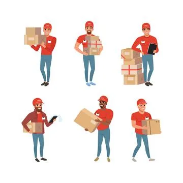 Set of deliverymen with cardboard boxes in hands. Couriers delivery parcels to Illustrazione stock