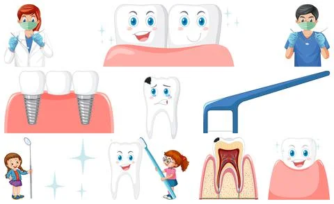 Set of dental equipments and cartoon characters Stock Illustration
