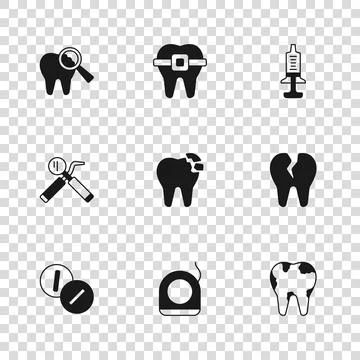Set Dental floss, Broken tooth, Syringe, Teeth with braces and mirror and p.. Illustrazione stock