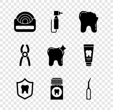 Set Dental floss, Tooth drill, Broken tooth, protection, Painkiller tablet,.. Stock Illustration