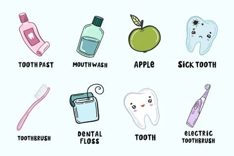 Set of dental illustrations. Vector drawings in cartoon style. Doodle style a Stock Illustration