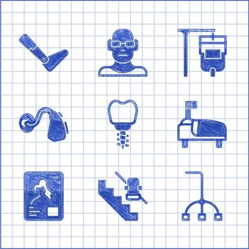 Set Dental implant, Disabled elevator, Walking stick cane, Hospital bed, X-ray Stock Illustration