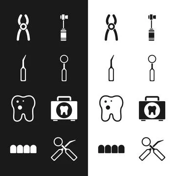 Set Dental inspection mirror, explorer scaler, pliers, Toothbrush, with caries Stock Illustration
