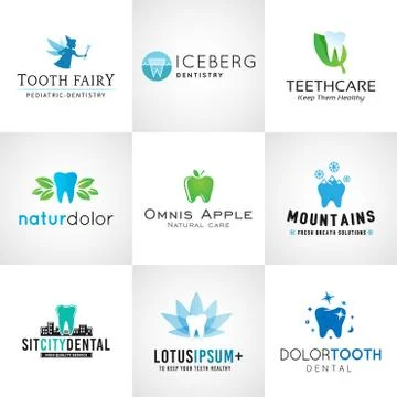 Set of dental logos. Vector tooth designs. Bright teeth clinic template Stock Illustration
