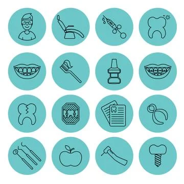Set of dental in modern thin line style. High quality black outline teeth Stock Illustration