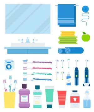 Set of Dental Prevention, Bath flat vector illustration. Stock Illustration