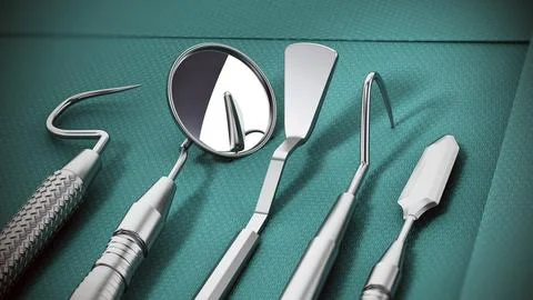 Set of dentist tools standing on green sterile cloth. 3D illustration Stock Illustration
