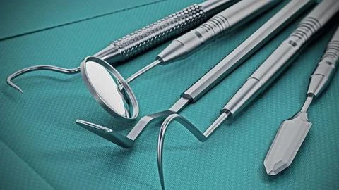 Set of dentist tools standing on green sterile cloth. 3D illustration Stock Illustration