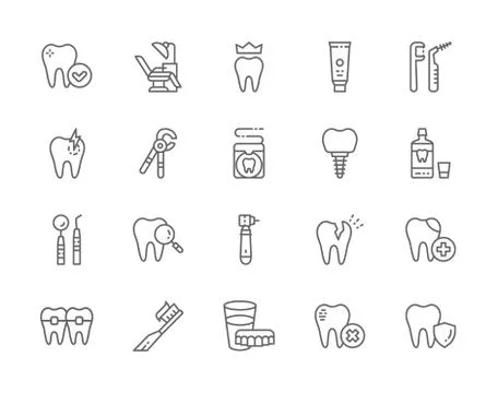 Set of Dentistry Line Icons. Toothpaste, Implant, Mouthwash, Toothbrush and more Stock Illustration
