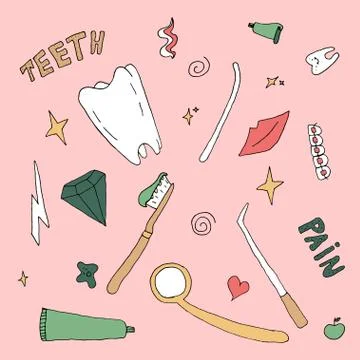 Set of dentistry objects. Vector. Teethcare tools in doodle style. Stock Illustration