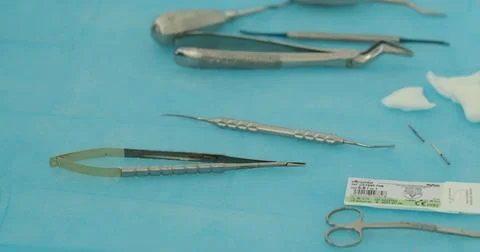 A set of dentist's tools prepared for the procedure. Dental hygiene and hea.. Stock Photos