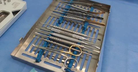 A set of dentist's tools prepared for the procedure. Dental hygiene and hea.. Stock Photos