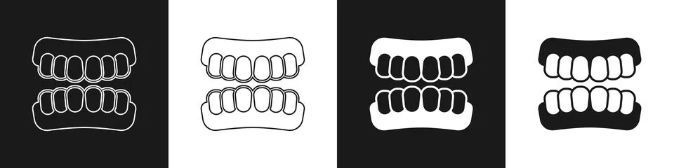 Set Dentures model icon isolated on black and white background. Teeth of the Illustrazione stock