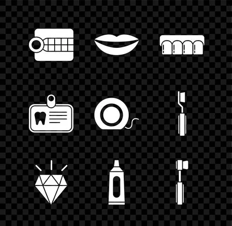 Set Dentures model, Smiling lips, Diamond teeth, Tube of toothpaste, Toothbrush Stock Illustration