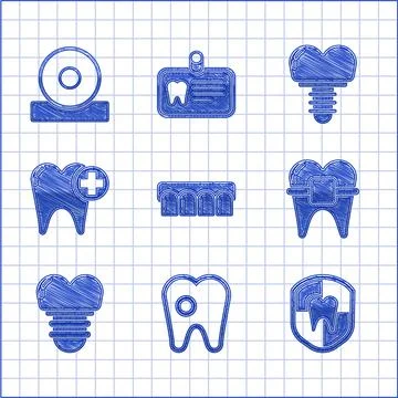 Set Dentures model, Tooth with caries, Dental protection, Teeth braces, implant Illustrazione stock