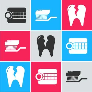 Set Dentures model, Toothbrush with toothpaste and Broken tooth icon. Vector Stockillustratie