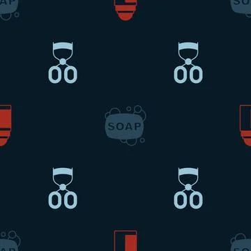 Set Deodorant roll, Bar of soap and Eyelash curler on seamless pattern. Vector Stock Illustration