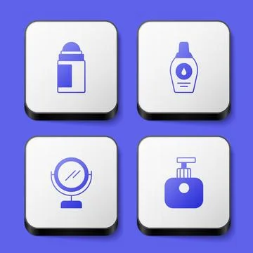 Set Deodorant roll, Bottle of shampoo, Round makeup mirror and Tube hand cream Illustration