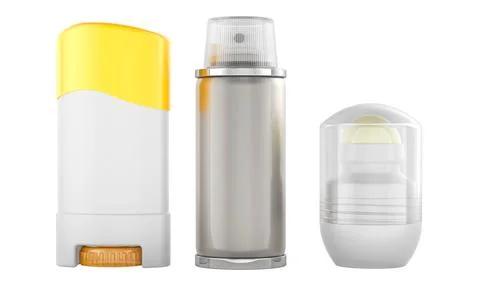 Set of deodorants. Deodorant stick, solid antiperspirant deodorant, roll-on.. Stock Illustration