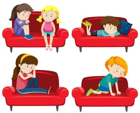 Set of depressed kids on couch Stock Illustration