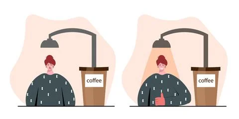A set that describes the invigorating power of coffee.The girl stands under the Stock Illustration